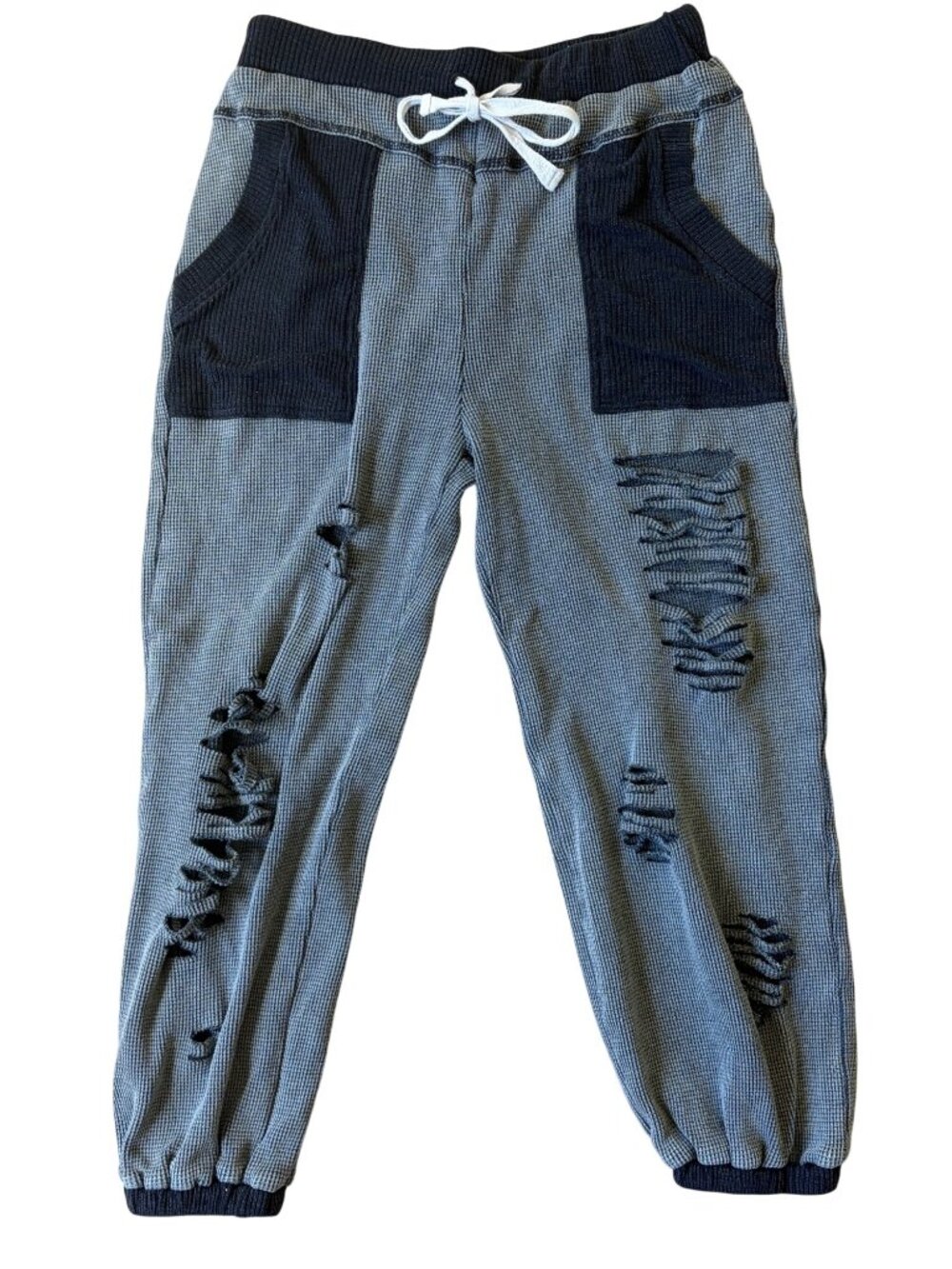 POL Waffle-Knit Distressed Baggy Joggers Small Grey Contrast Black Patches Chic